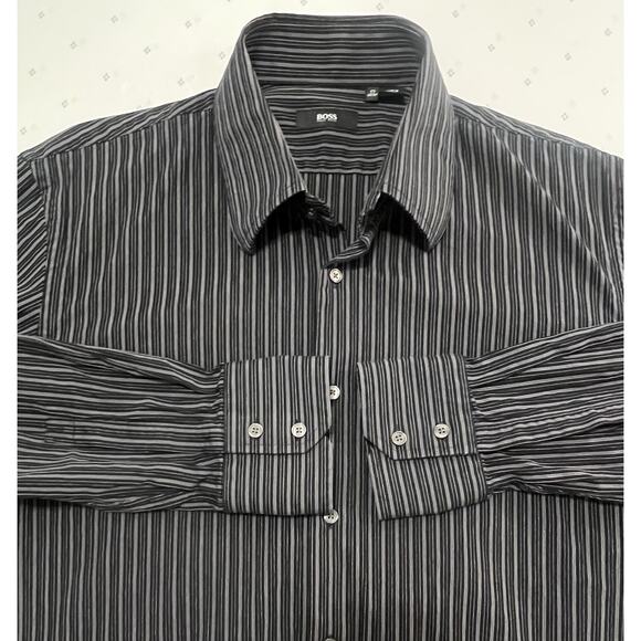 HUGO BOSS Dress Shirt Mens 17 36/37 Black Striped Long‎ Sleeve Button Up EUC - Picture 1 of 14
